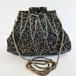Vintage Adolfo 1950's Black Art Deco Glass Seed Beaded Clutch Purse Evening Bag